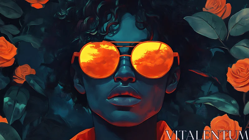 Portrait with neon sunglasses contrasts teal skin and orange roses