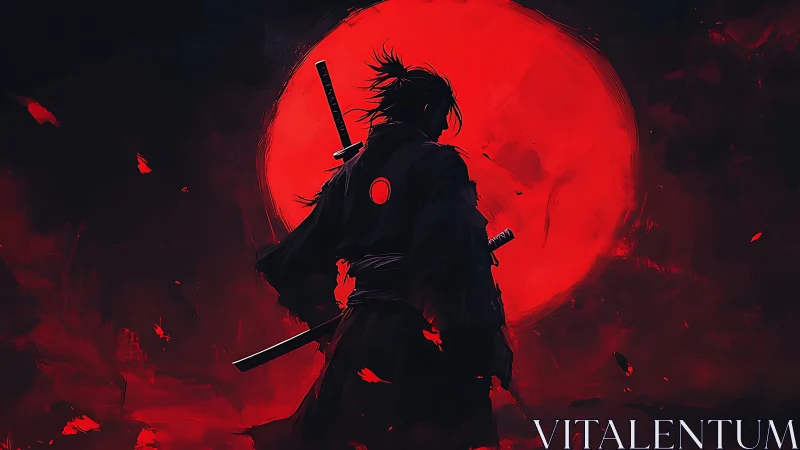 Lone samurai silhouette against intense red full moon.