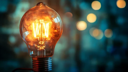 Incandescent filament bulb glows against defocused bokeh field