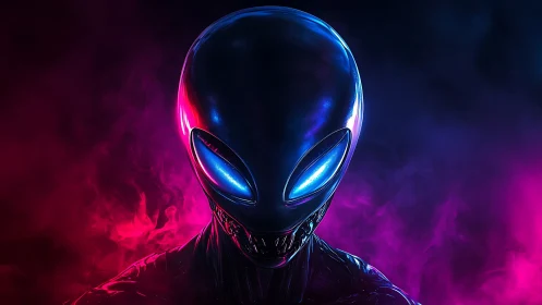 Neon void visitor with electric eyes and razor grin.