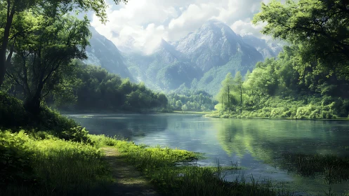 Mountain lake reflects forested slopes under soft daylight