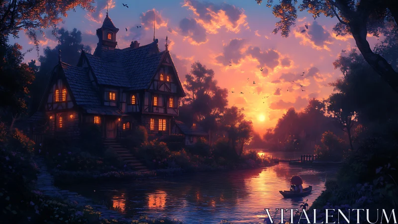 Riverside cottage glows under dramatic sunset sky.