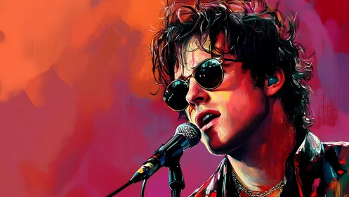 Neon crooner in mirrored shades serenades the sunset stage.