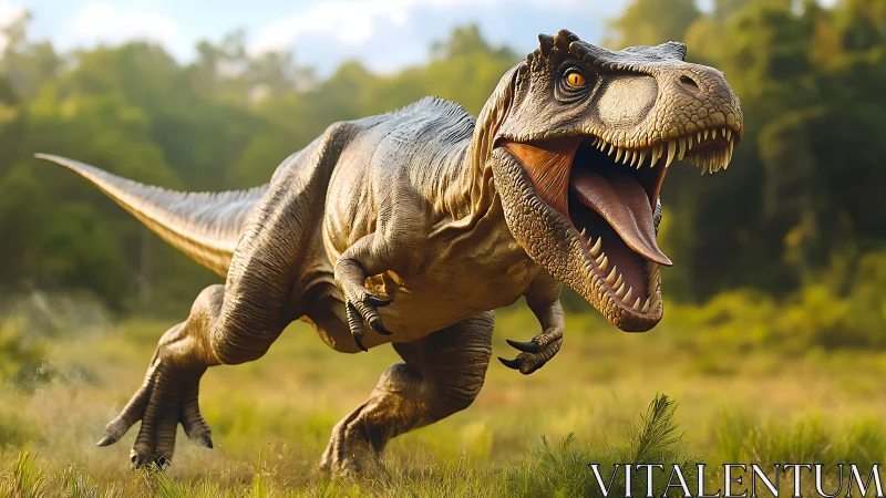 Hyperreal tyrannosaur charge in sunlit Cretaceous forest clearing