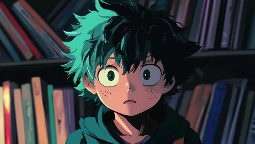 Anime boy in library with dramatic rim lighting and cel shading