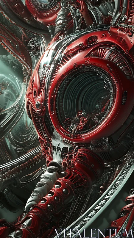 Red biomechanical core inside dense metallic machinery.