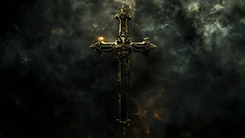 Gilded gothic cross glows against turbulent smoke backdrop