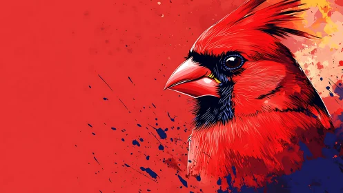 Bold red cardinal portrait on abstract paint splatter background.