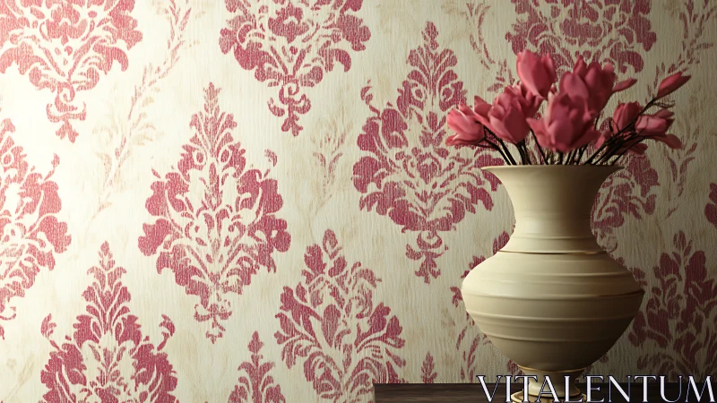 Cream ceramic vase holds pink flowers before damask wall