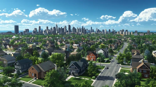 Sunlit suburbia stretches toward a shimmering glass skyline.