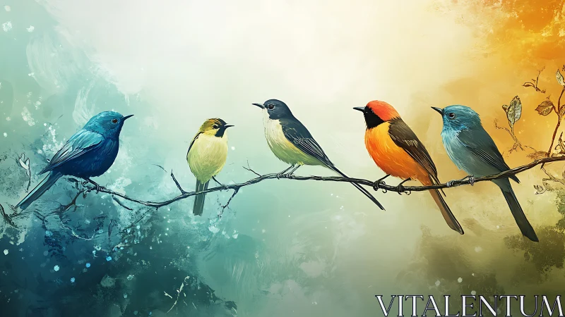 Colorful Songbirds on a Branch in Watercolor Digital Art Style.