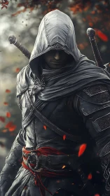 Hooded duskblade assassin amid drifting ember leaves.