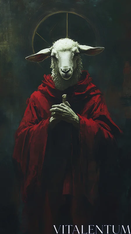 Lamb-headed figure in crimson robe under haloed chiaroscuro.