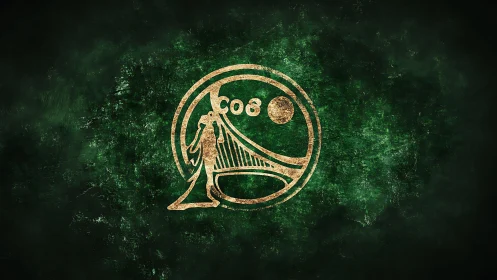 Grunge emblem design with stylized bridge and robed figure.