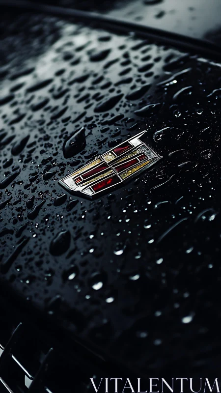 Hydrophobic gloss on rain-soaked Cadillac emblem macro surface.