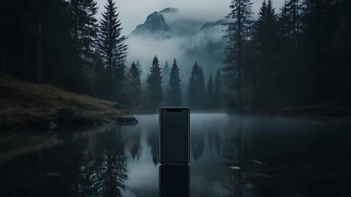 Silent phone oracle in mist-drenched forest lagoon night.