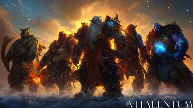 Fantasy warriors stand in fiery sunset on frozen battlefield.