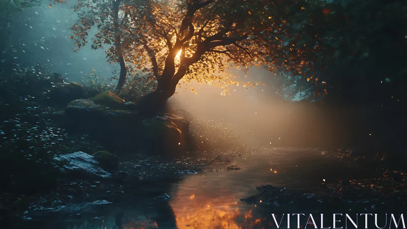 Volumetric sunrise piercing mist above reflective forest stream.