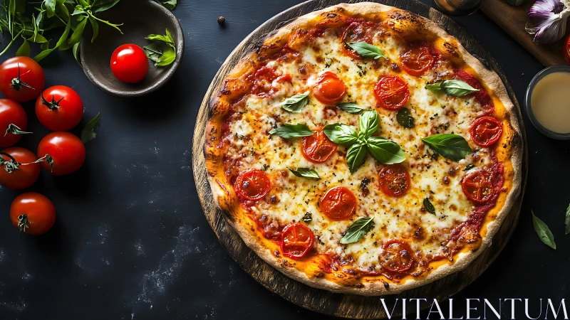 Golden margherita pizza with bright tomatoes and basil leaves.