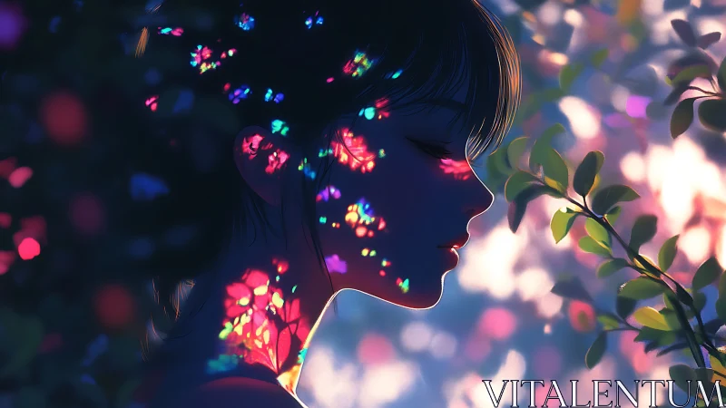 Side profile portrait with prismatic bokeh over foliage.