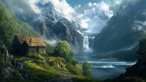 Stone cabin overlooks alpine lake, waterfall, and snowy peaks