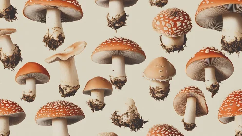 Isolated mushroom specimens arranged on neutral background.