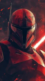 Armored red sci-fi warrior stands amid burning embers