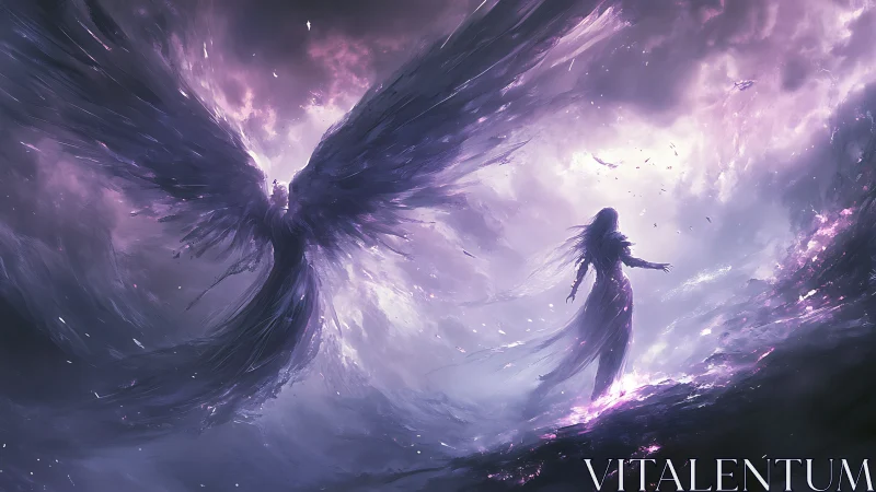Winged dark figure and robed silhouette in violet storm sky.