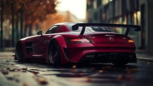 Red Mercedes sports car on wet city street at dusk.