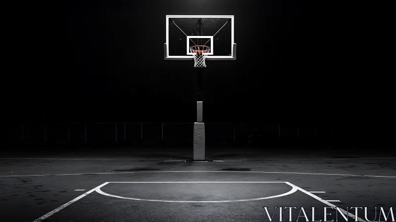 Midnight hoop dreams on a quiet city basketball court.