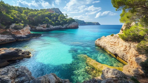 Rocky Mediterranean cove with stratified cliffs and clear cyan water