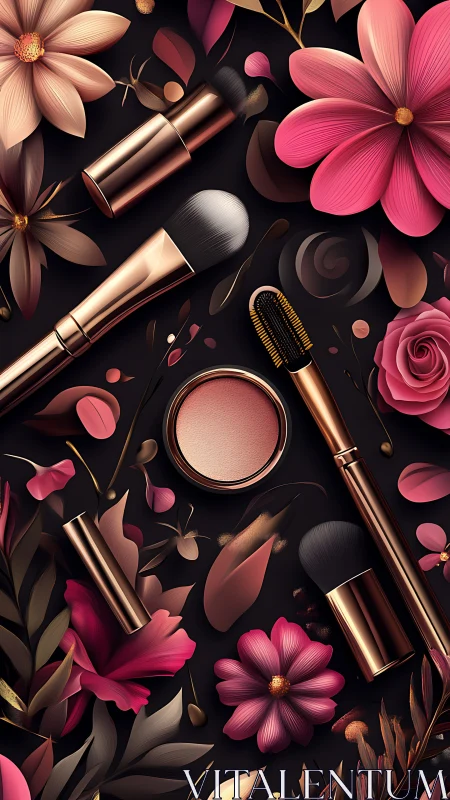 Cosmetic brushes and florals in rose-gold digital still life.