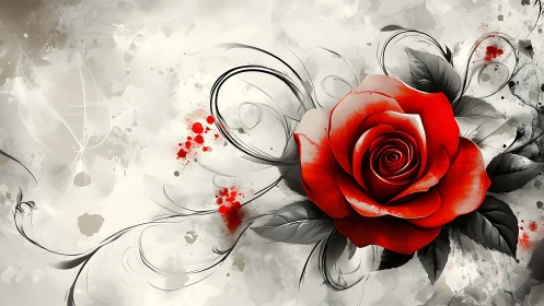 Crimson Rose Blooms Through Elegant Ink Reverie.