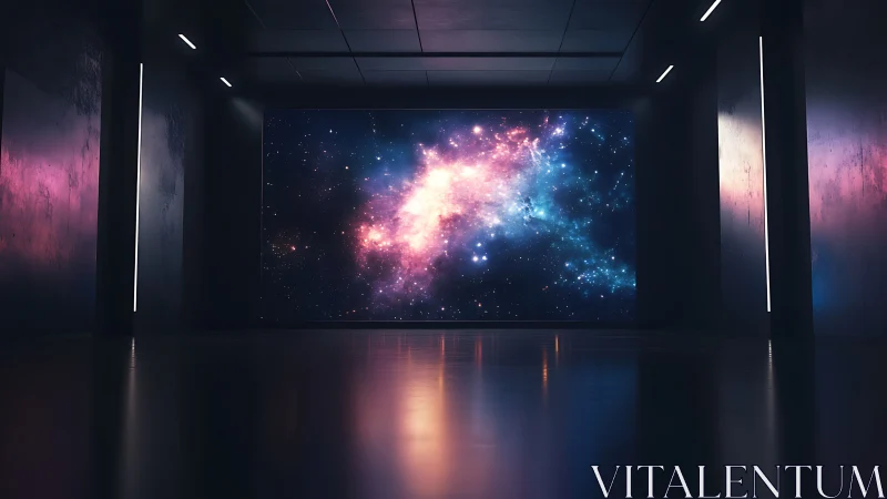 Futuristic gallery room frames luminous nebula-filled cosmos