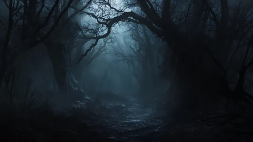 Nocturnal fog obscures a twisted forest path in chiaroscuro