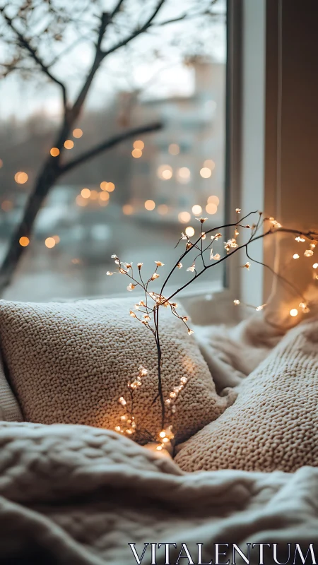 Cozy bed nook with pillows and string lights by window.