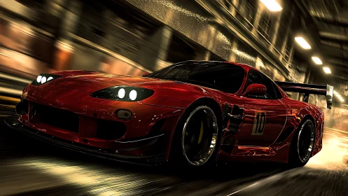 Red tuned sports car racing through night city tunnel.