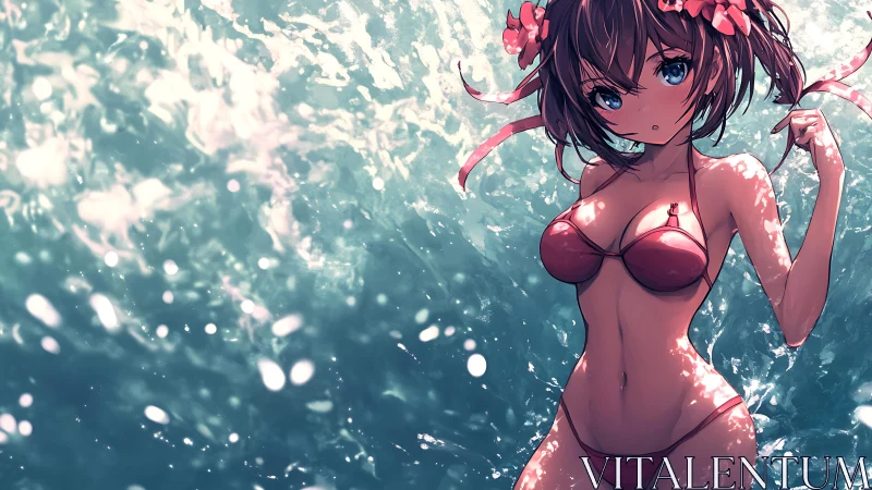 Sea-sparked anime girl in scarlet bikini meets rising surf.