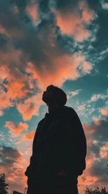 Silhouetted figure under teal and coral cinematic skyscape.