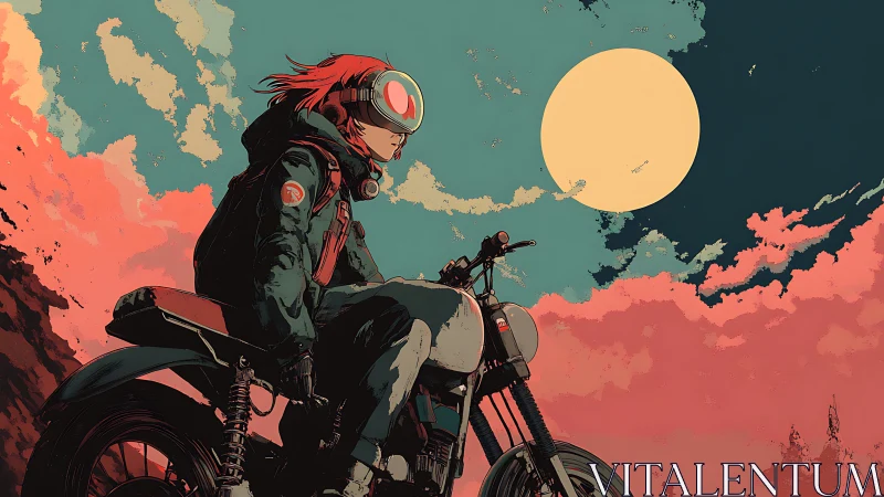 Motorcyclist under stylized dusk sky with bold cel-shaded palette