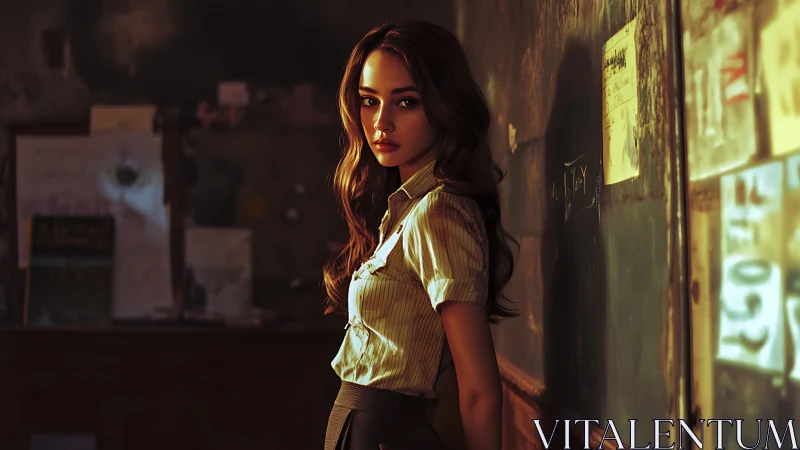 Young woman stands in dim classroom, lit by warm sunset