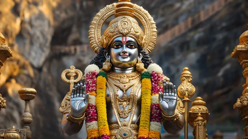 Gilded Hindu deity statue rendered in detailed photorealism