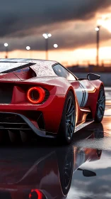 Red supercar glows on wet racetrack at dramatic sunset.