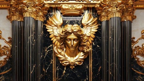 Gilded winged bust framed by baroque columns on black marble
