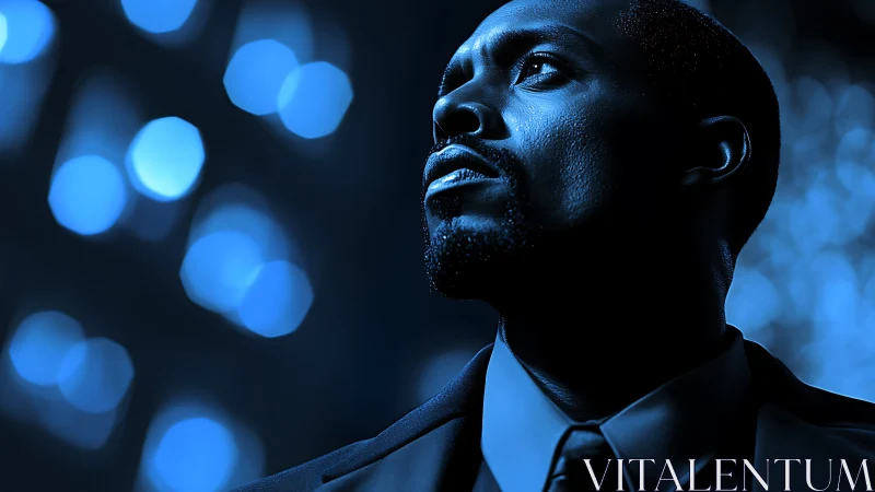 Man in suit gazes upward under deep blue city lights