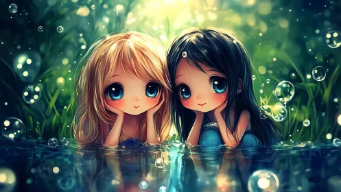 Pondside daydreamers with starlit eyes and bubble halos.