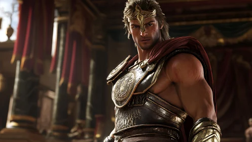 Golden armored warrior stands in opulent imperial hall.