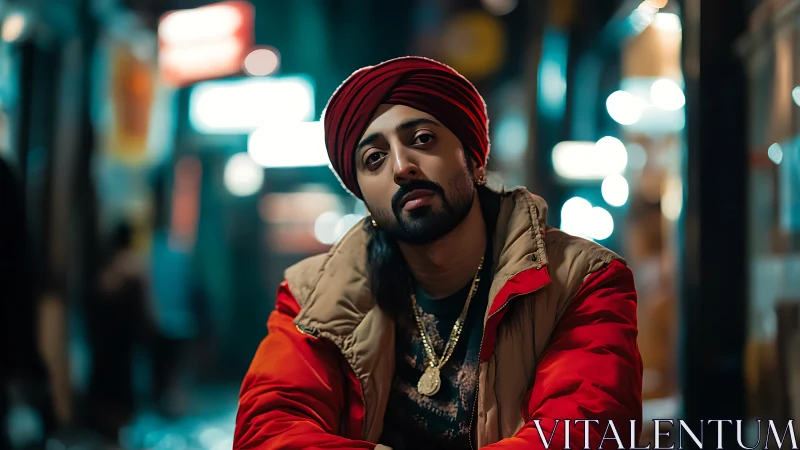 Man in red turban sits in neon city street at night