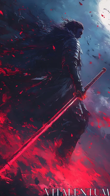 Lunar-backlit void knight wielding incandescent plasma katana.