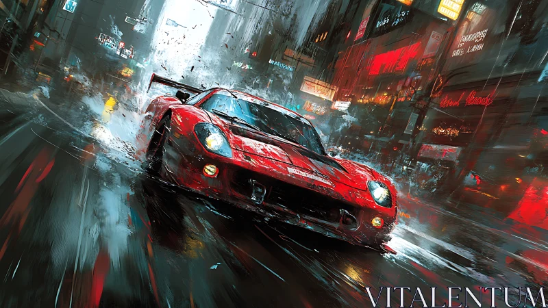 Aerodynamic GT racer slicing neon-soaked urban downpour.
